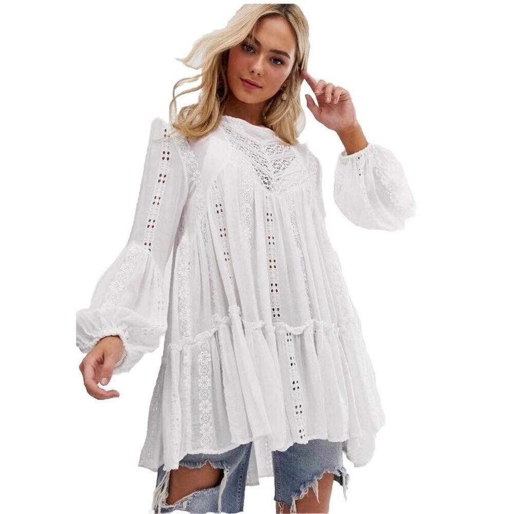 Free People Kiss Kiss Ivory Tunic Bohemian Lace Embroidered Small - Picture 9 of 13
